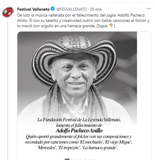 La Fundación Festival de la Leyenda Vallenata, quien en 2005 declaró al maestro Pacheco como Rey Vitalicio del Festival, presentó las condolencias. / FOTO: Pantallazo. 